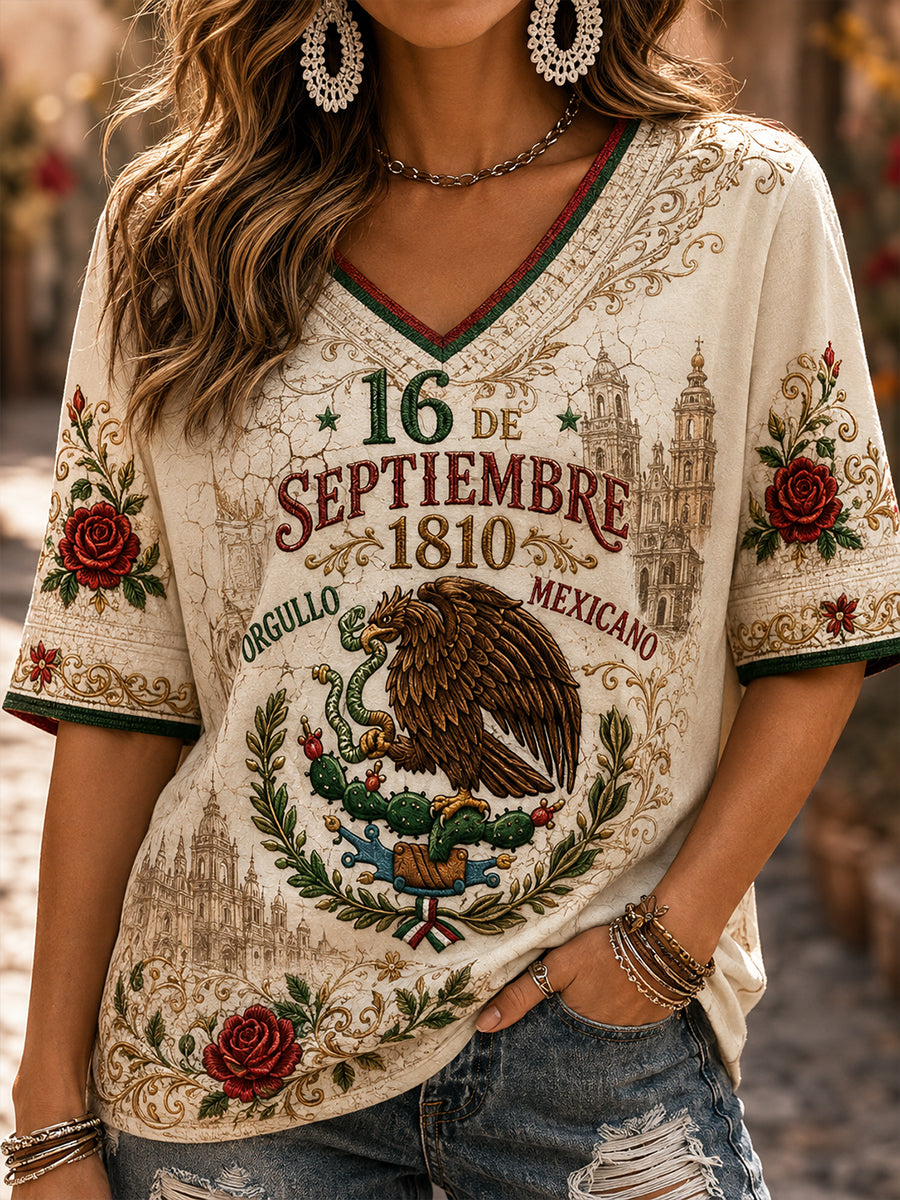 Camisa de lino con cuello en V y estampado del Día de la Independencia de México para mujer
