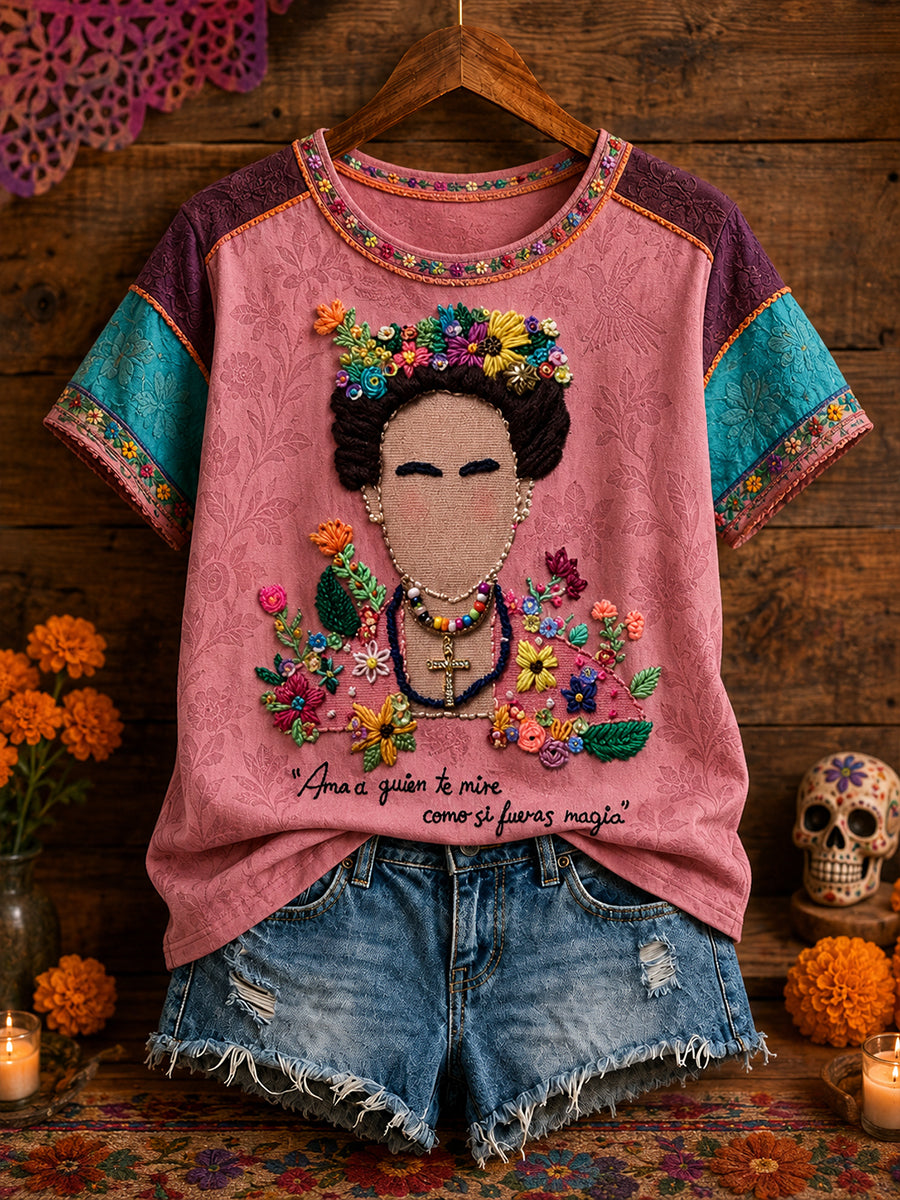 Camiseta estampada con arte floral mexicano para mujer