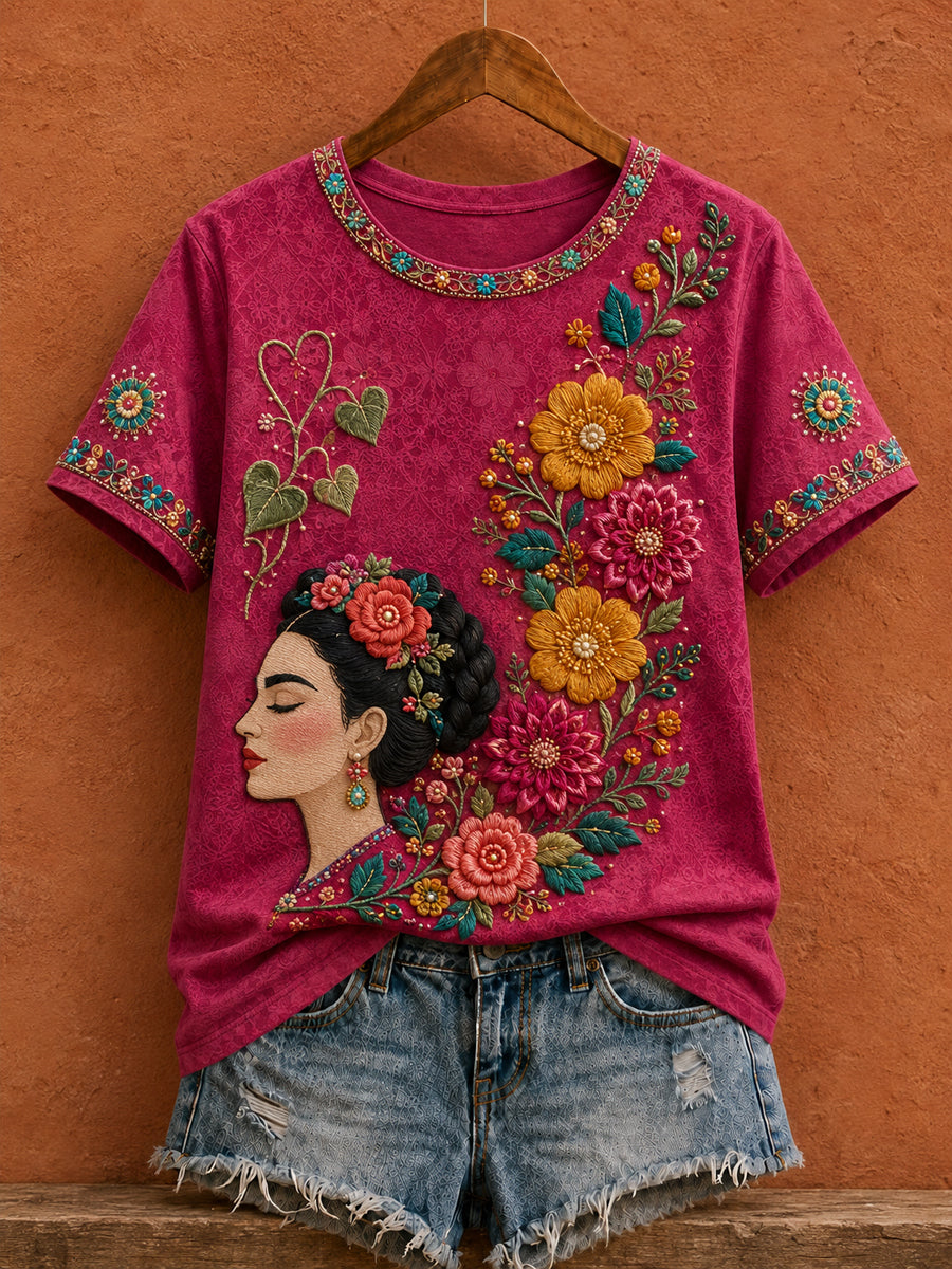 Camiseta estampada con arte floral mexicano para mujer