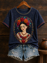Camiseta estampada con arte floral mexicano para mujer