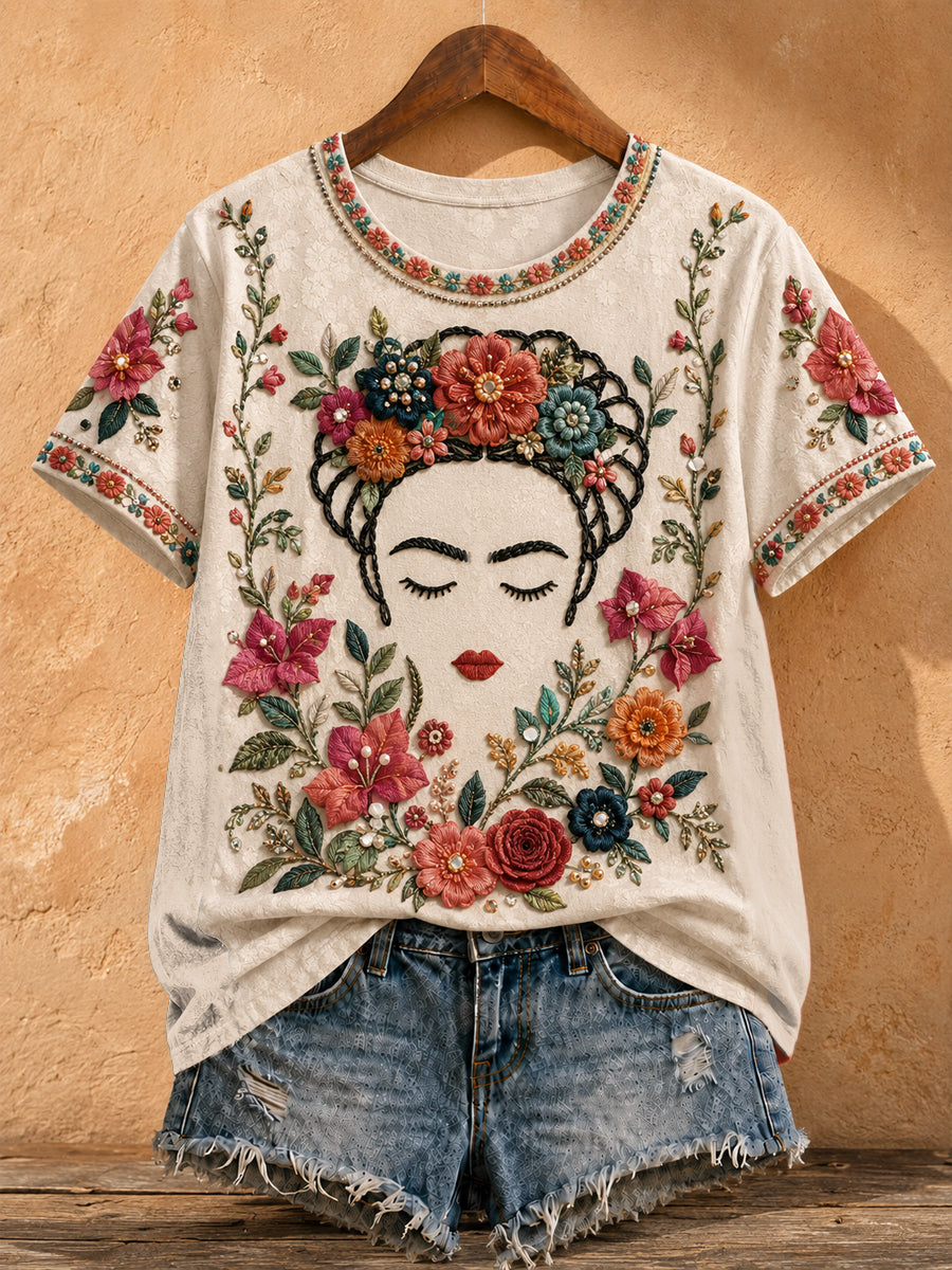 Camiseta estampada con arte floral mexicano para mujer