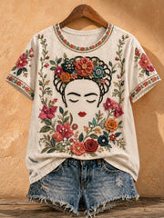 Camiseta estampada con arte floral mexicano para mujer