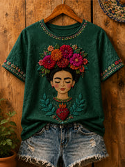 Camiseta estampada con arte floral mexicano para mujer