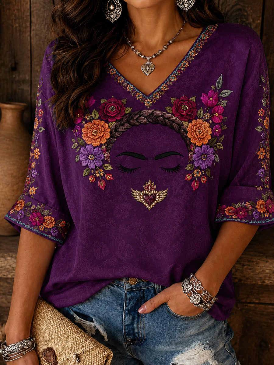 Camiseta estampada con arte floral mexicano para mujer