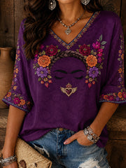 Camiseta estampada con arte floral mexicano para mujer