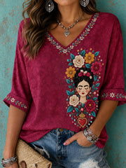 Camiseta estampada con arte floral mexicano para mujer