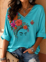 Camiseta estampada con arte floral mexicano para mujer