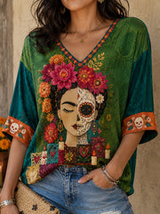 Camiseta estampada con arte floral del Día de los Muertos mexicano para mujer