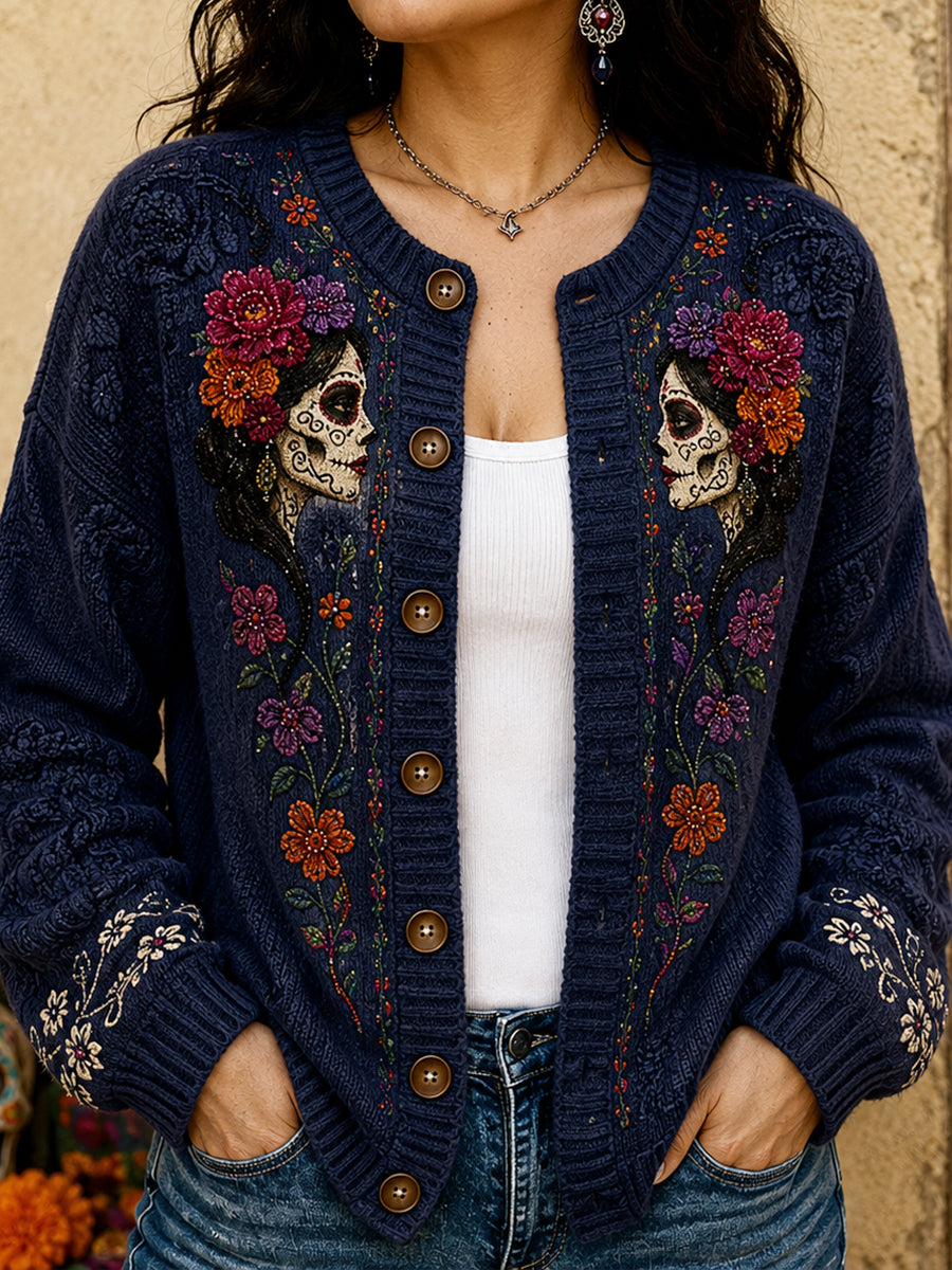 Chaqueta de punto estilo cárdigan para mujer, con estampado floral inspirado en el Día de los Muertos de México