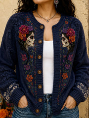 Chaqueta de punto estilo cárdigan para mujer, con estampado floral inspirado en el Día de los Muertos de México