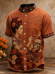 Camisa estampada con diseño floral del Día de los Muertos mexicano para hombre