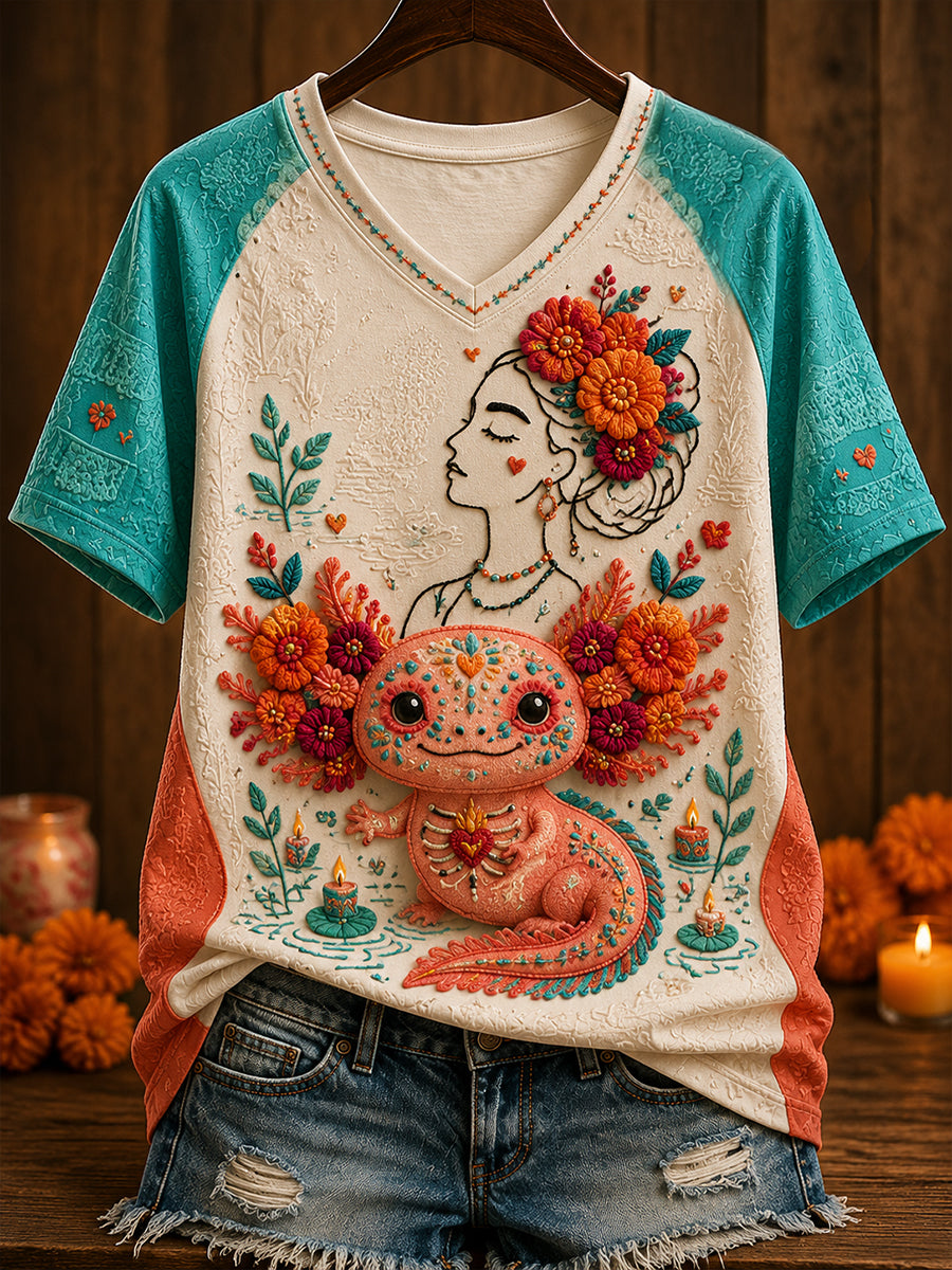 Camiseta estampada con arte floral del Día de los Muertos mexicano para mujer