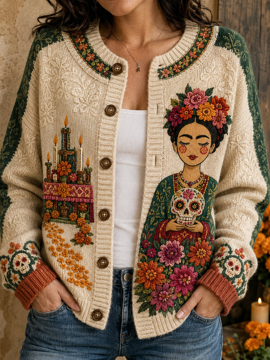 Chaqueta de punto estilo cárdigan para mujer, con estampado floral inspirado en el Día de los Muertos de México