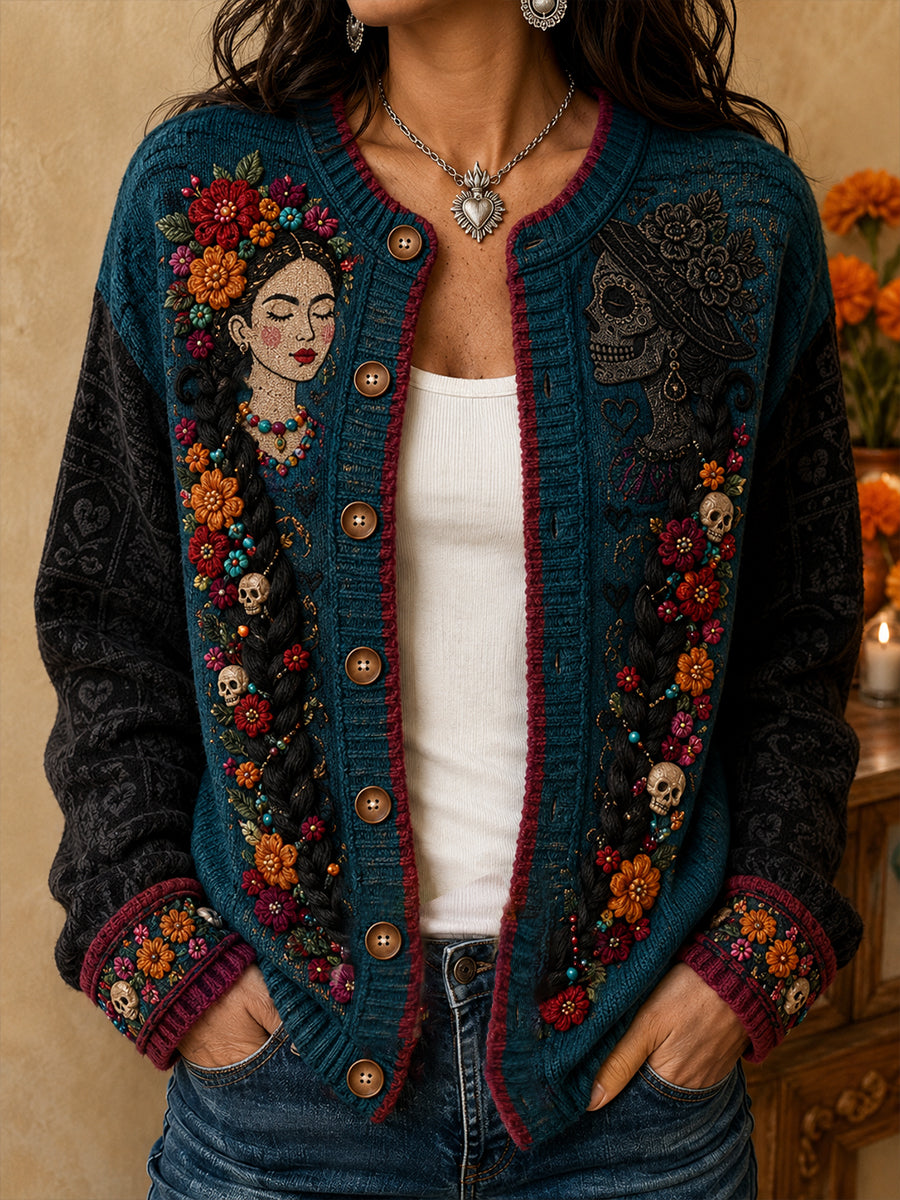 Chaqueta de punto estilo cárdigan para mujer, con estampado floral inspirado en el Día de los Muertos de México