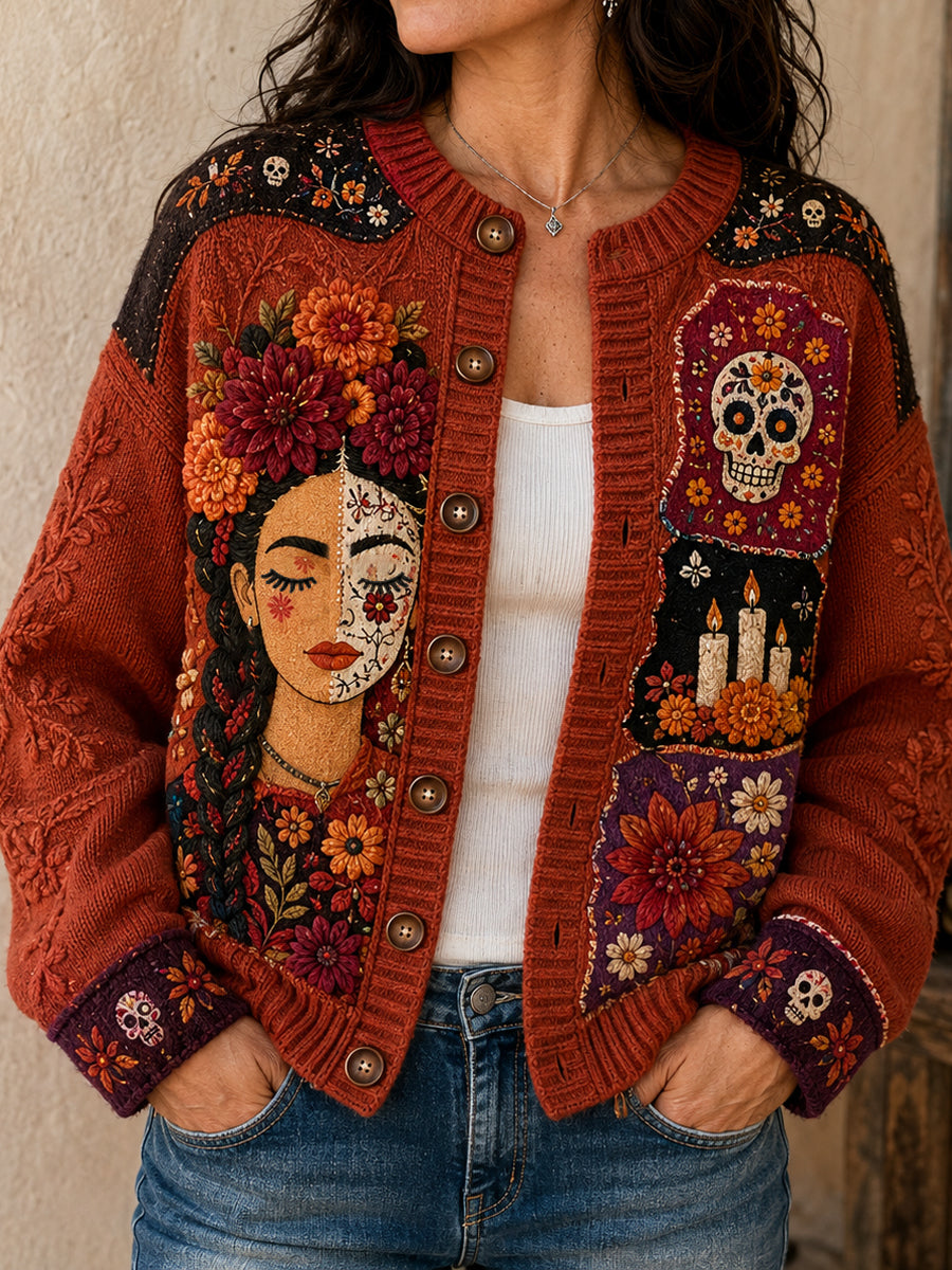 Chaqueta de punto estilo cárdigan para mujer, con estampado floral inspirado en el Día de los Muertos de México