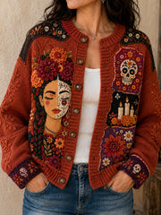 Chaqueta de punto estilo cárdigan para mujer, con estampado floral inspirado en el Día de los Muertos de México
