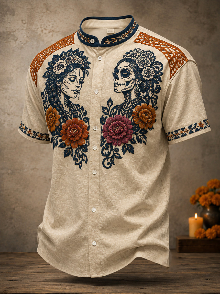 Camisa estampada con diseño floral del Día de los Muertos mexicano para hombre