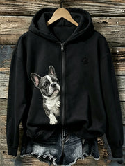Mujer Peeking French Bulldog & Paw Print Full Zip Hoodie