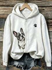 Mujer Peeking French Bulldog & Paw Print Full Zip Hoodie