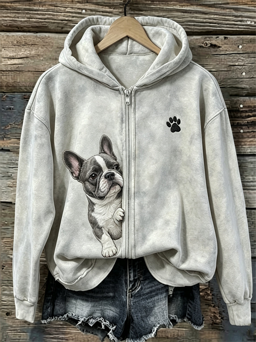 Mujer Peeking French Bulldog & Paw Print Full Zip Hoodie