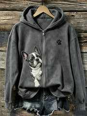 Mujer Peeking French Bulldog & Paw Print Full Zip Hoodie