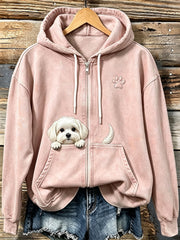 Sudadera cómoda con capucha y cremallera para mujer, diseño adorable de maltés asomándose con huellas de patas