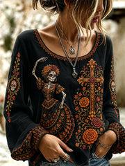 Camiseta casual con estampado artístico del Día de los Muertos mexicano para mujer