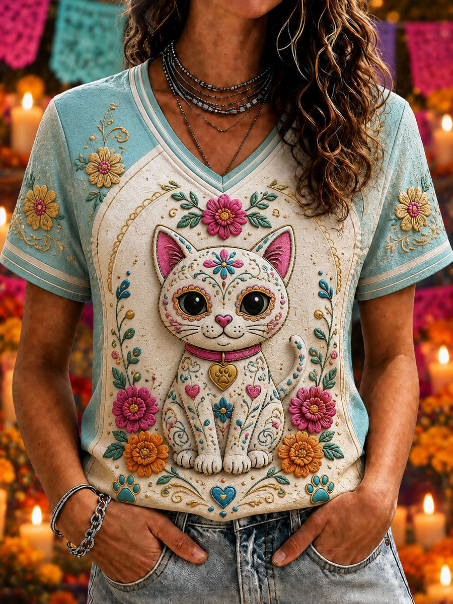Camiseta casual con estampado del día de los muertos para mujer
