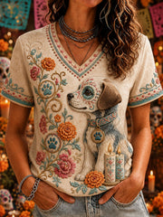 Camiseta informal estampada de Día de Muertos para mujer