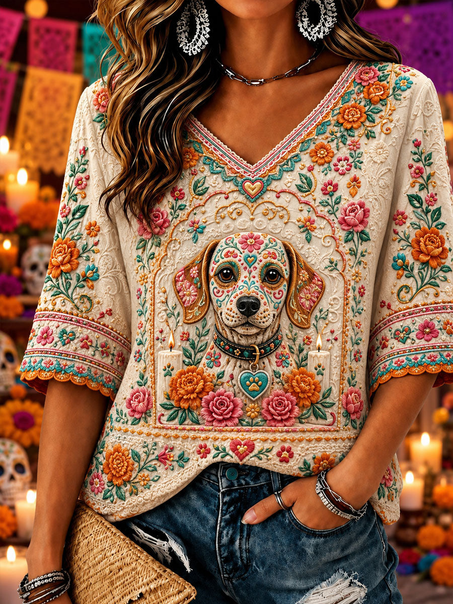 Top casual con estampado del Día de Muertos para mujer