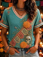 Camiseta informal estampada de Día de Muertos para mujer