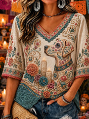 Top casual con estampado del Día de los Muertos para mujer