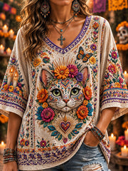 Camiseta informal estampada de Día de Muertos para mujer