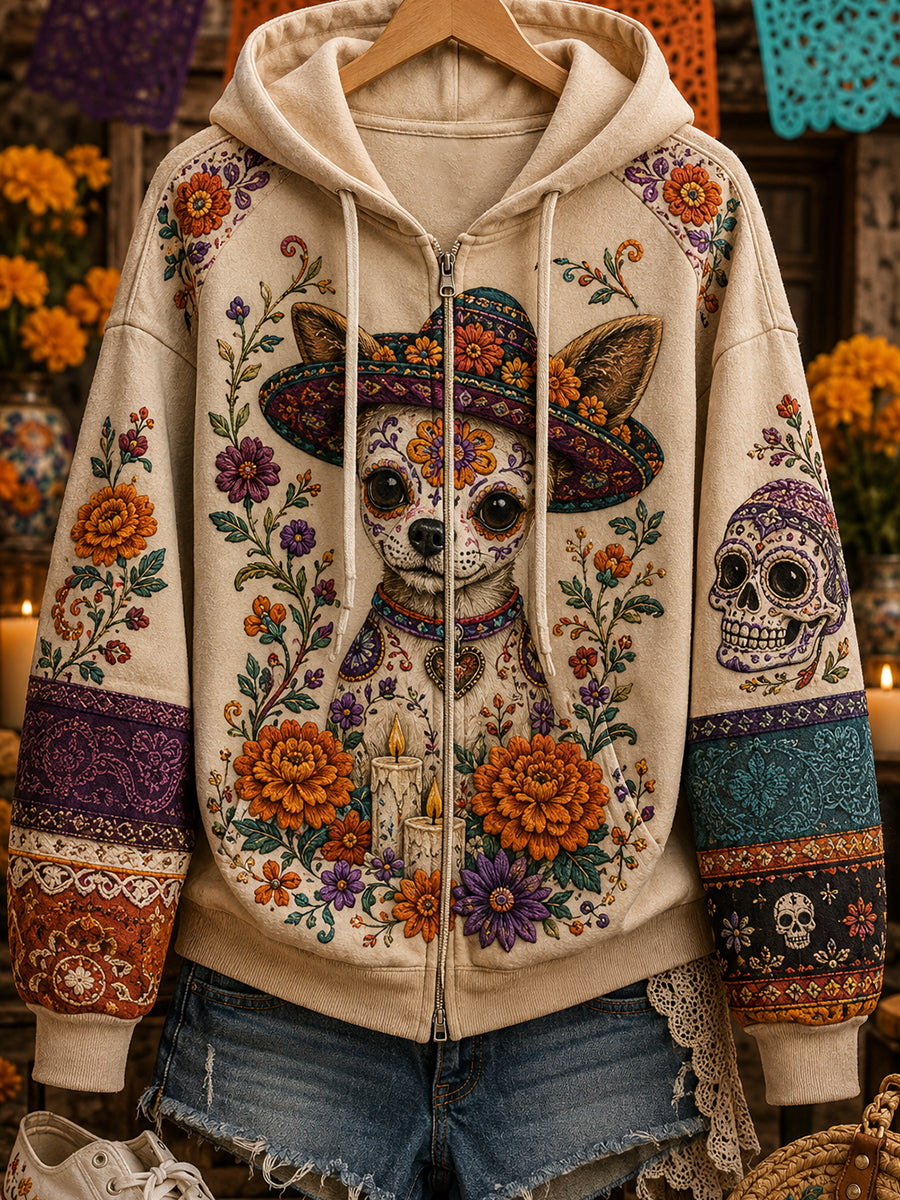 Sudadera con capucha y cierre de la Día de los Muertos de México para mujer