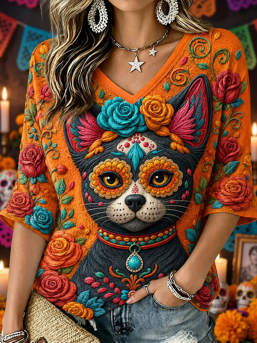 Camiseta informal estampada de Día de Muertos para mujer