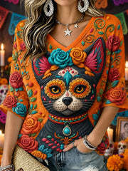 Camiseta informal estampada de Día de Muertos para mujer