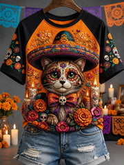 Camiseta informal estampada de Día de Muertos para mujer