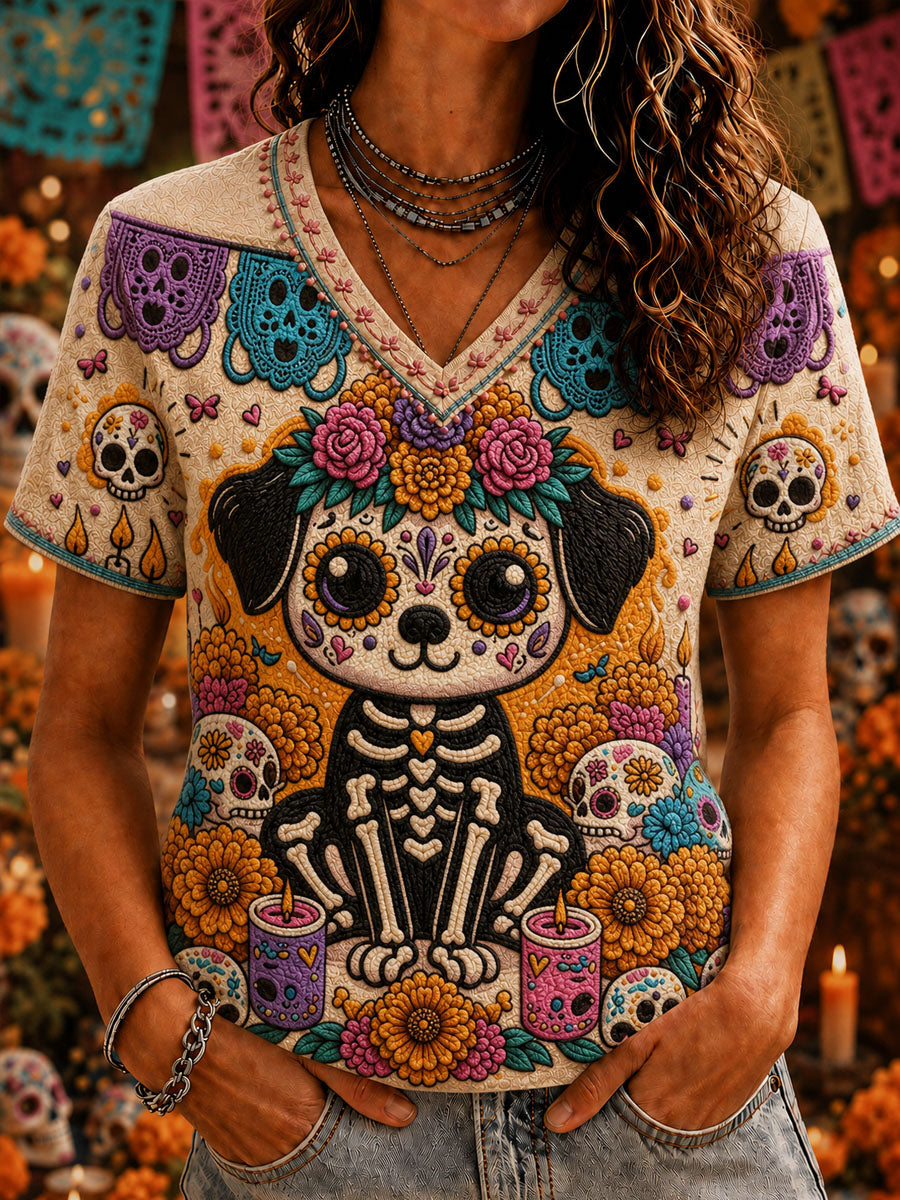 Camiseta informal estampada de Día de Muertos para mujer