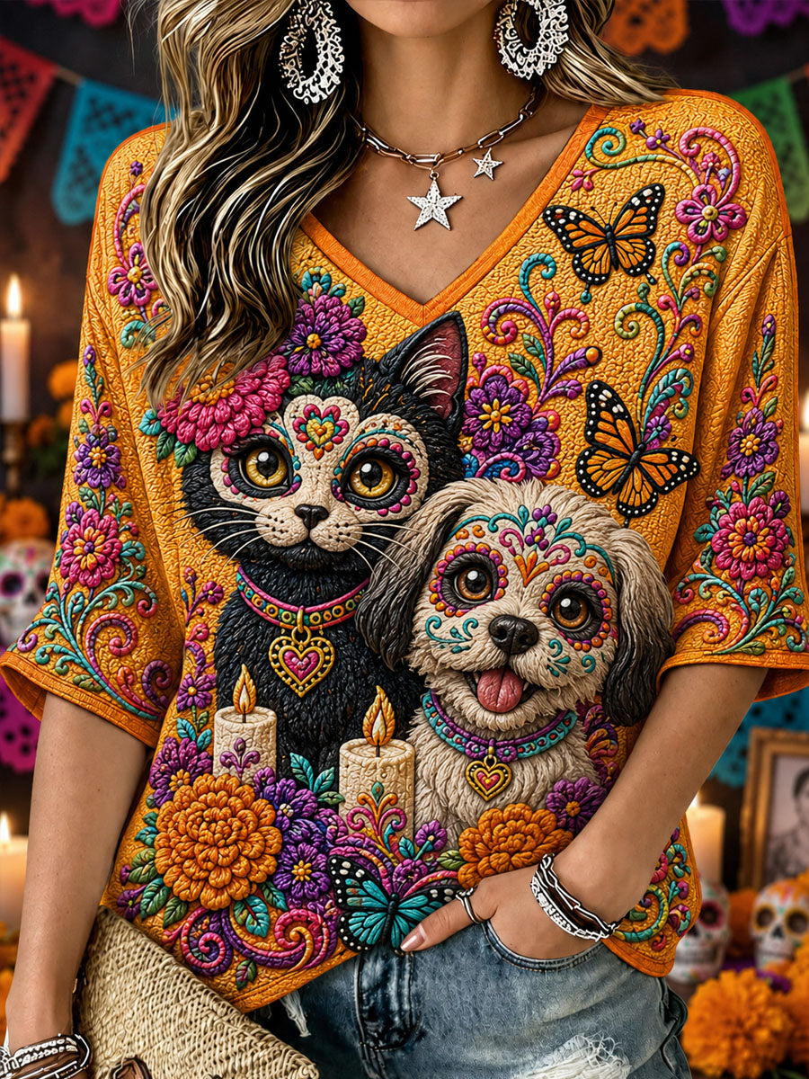 Camiseta informal estampada de Día de Muertos para mujer