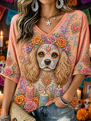 Camiseta informal estampada de Día de Muertos para mujer