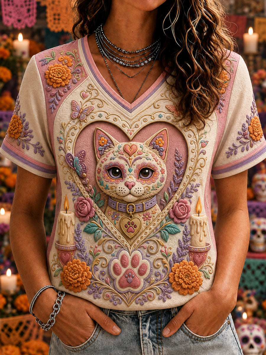 Camiseta informal estampada de Día de Muertos para mujer