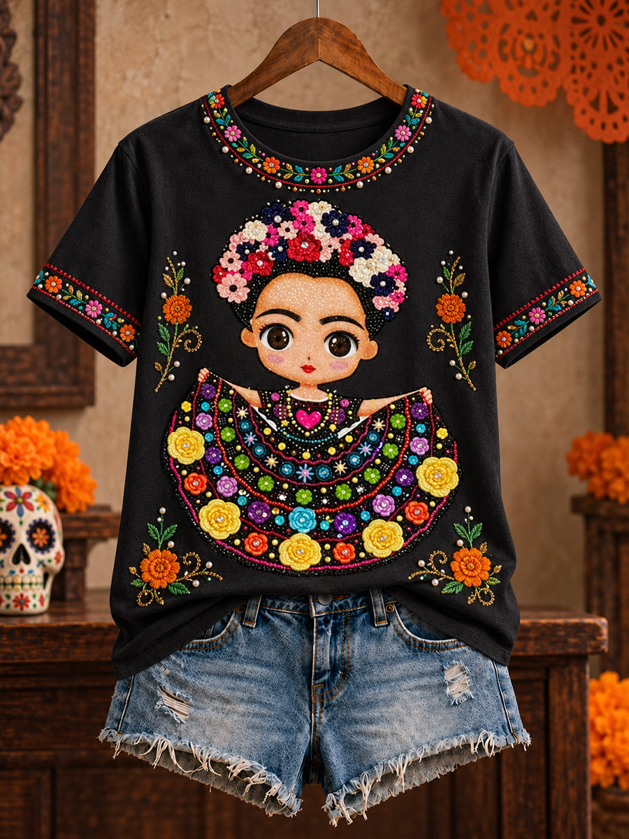Camiseta estampada con diseño floral de la muñeca Lele mexicana para mujer