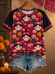 Camiseta estampada con diseño floral de la muñeca Lele mexicana para mujer