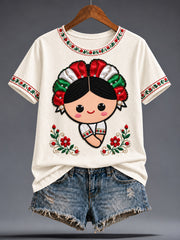 Camiseta estampada con diseño floral de la muñeca Lele mexicana para mujer