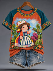Camiseta estampada con diseño floral de la muñeca Lele mexicana para mujer