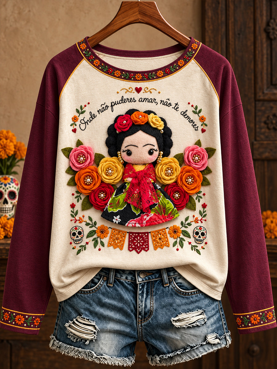 Camiseta estampada con diseño floral de la muñeca Lele mexicana para mujer
