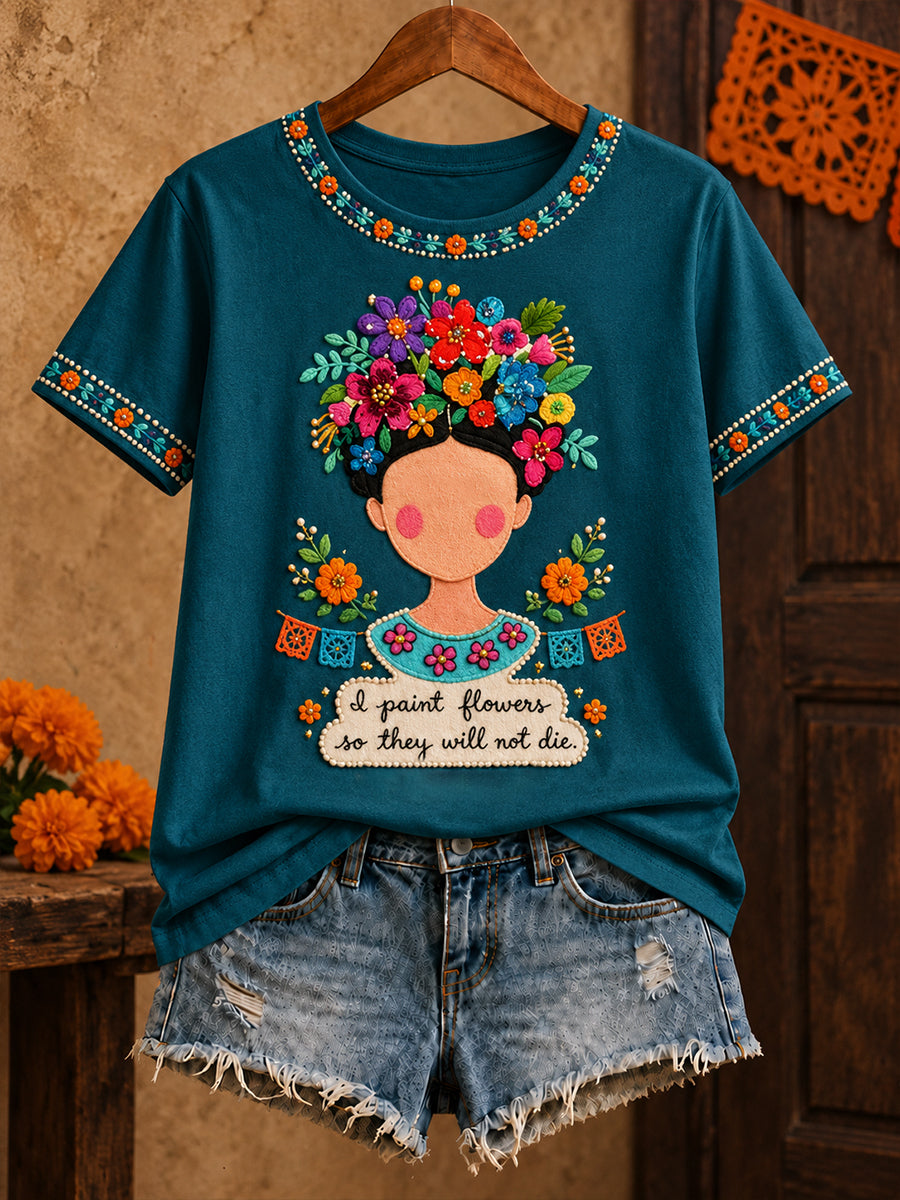 Camiseta estampada con diseño floral de la muñeca Lele mexicana para mujer