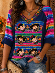 Camiseta estampada con arte de muñeca Lele mexicana para mujer