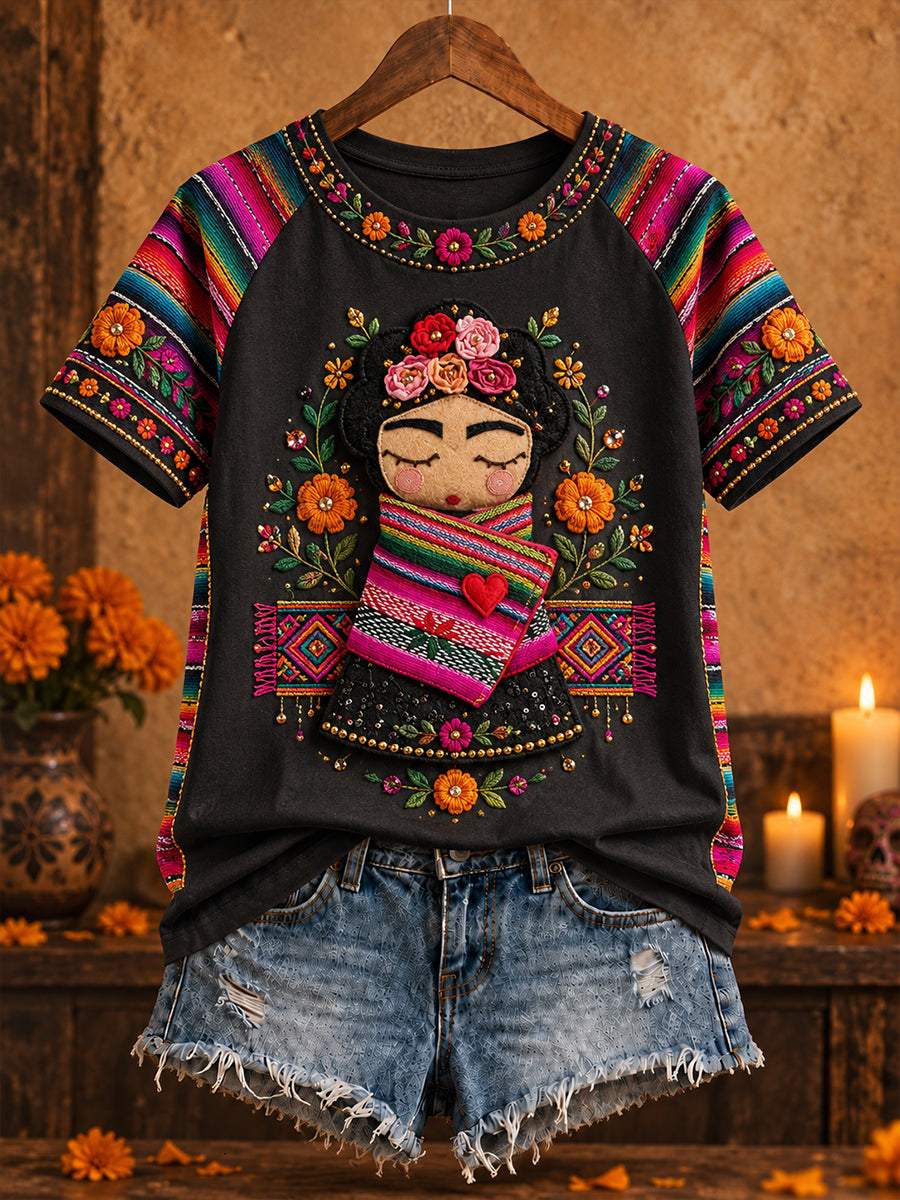 Camiseta estampada con arte de muñeca Lele mexicana para mujer