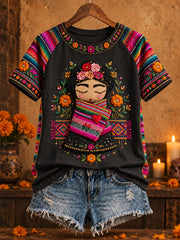 Camiseta estampada con arte de muñeca Lele mexicana para mujer